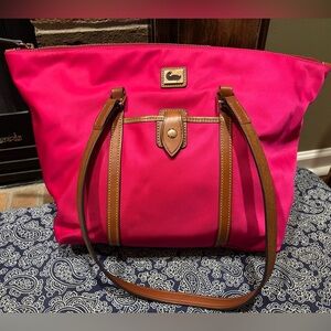 🔥 Dooney & Bourke Hot Pink Nylon Tote | Brown Leather Trim | Striped Lining